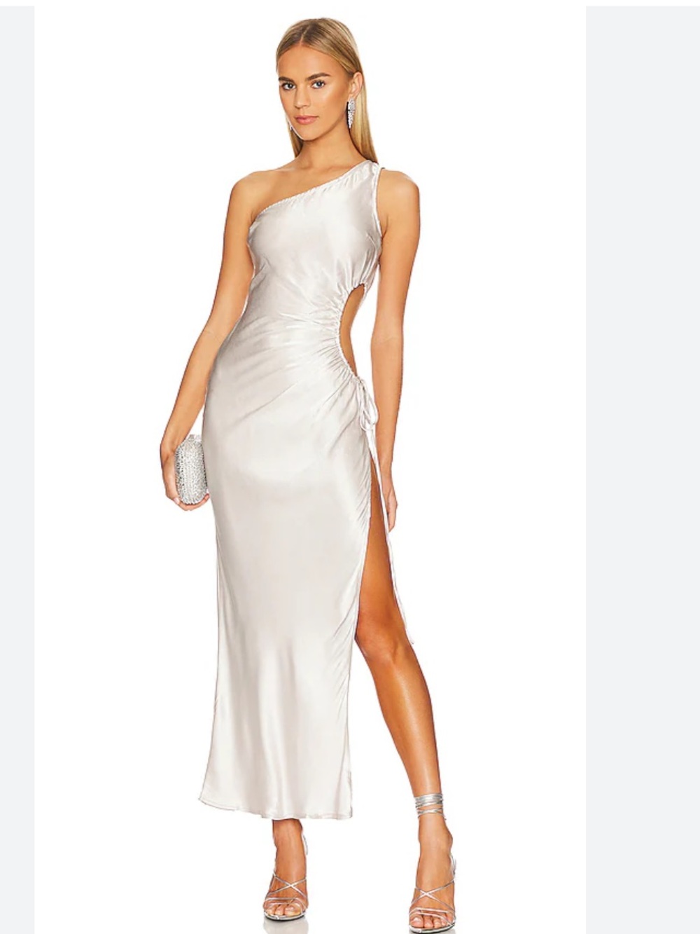 SNDYS Revolve Brand Pamela Dress in Silver satin cut out one shoulder size 2